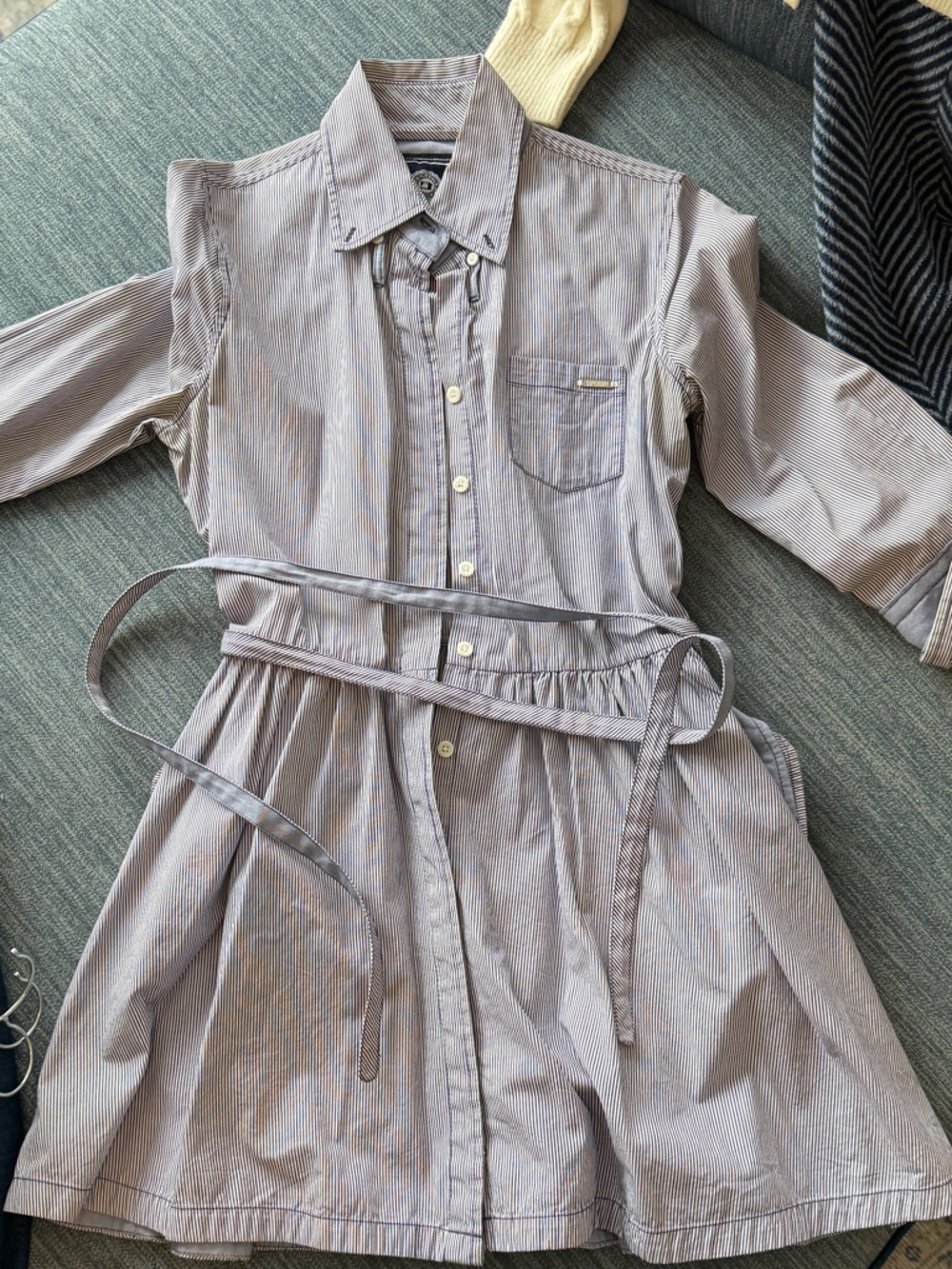 Vintage Superdry Navy and White Pinstripe Shirt Dress